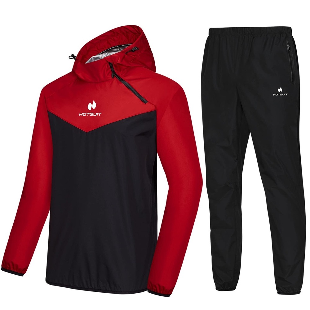 HOTSUIT Mens Sauna Suit Sweat Suit Jacket Pants Red Black XL Gym Workout Set New